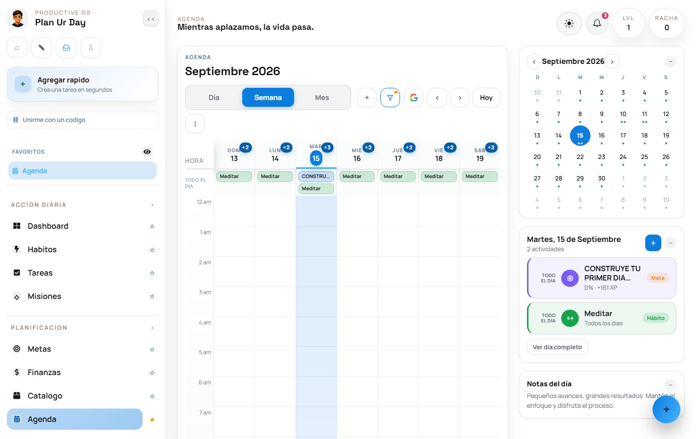 Agenda semanal de Plan Ur Day en modo claro con tareas, hábitos y eventos organizados por hora