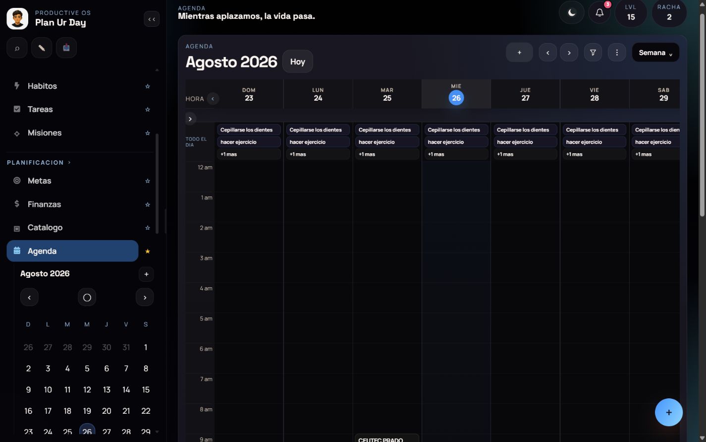 Agenda semanal de Plan Ur Day con tareas, hábitos y eventos organizados por hora