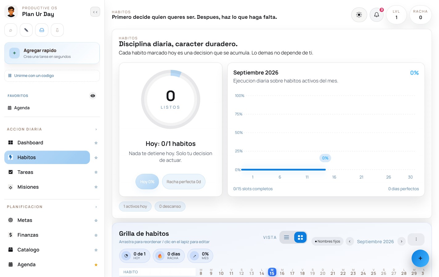 Vista de hábitos de Plan Ur Day en modo claro con racha, progreso mensual y grilla de hábitos